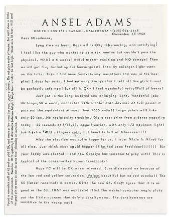 ADAMS, ANSEL. Typed Letter Signed, Ansel, to Dear Nicodemus,